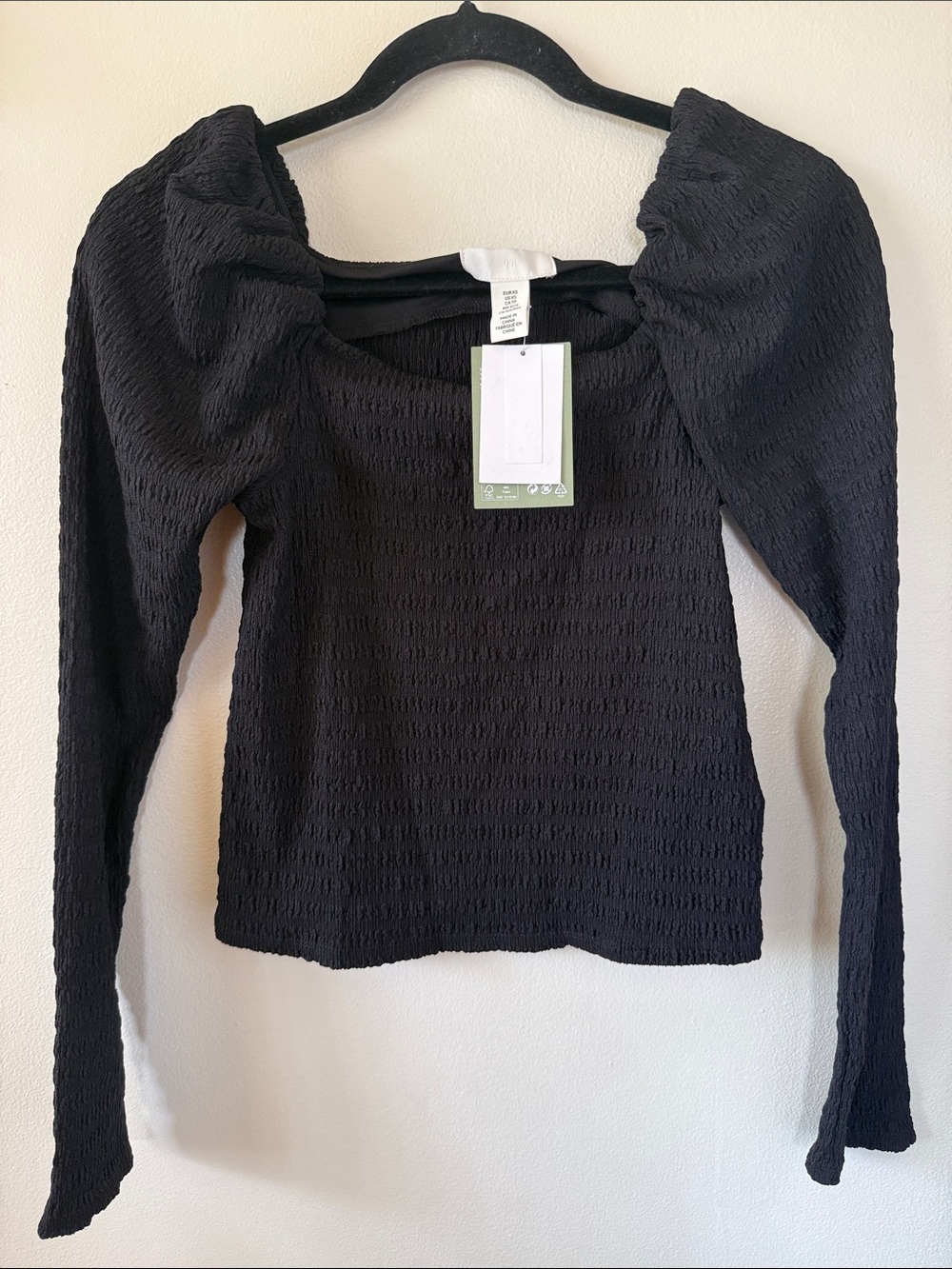 H&M Black Smocked Puff-Sleeve Long-Sleeve Top